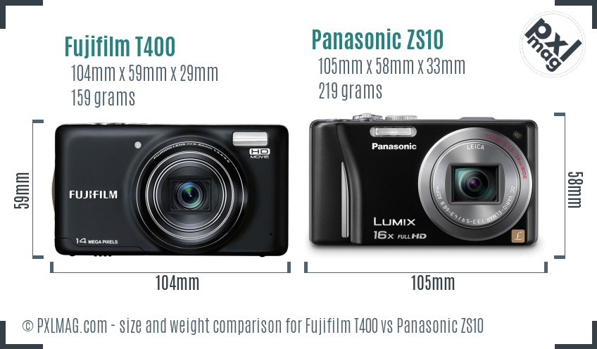 Fujifilm T400 vs Panasonic ZS10 size comparison