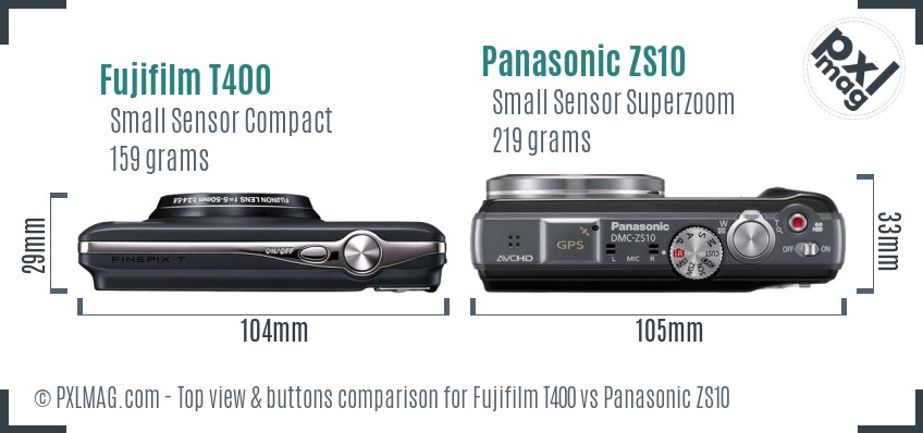 Fujifilm T400 vs Panasonic ZS10 top view buttons comparison