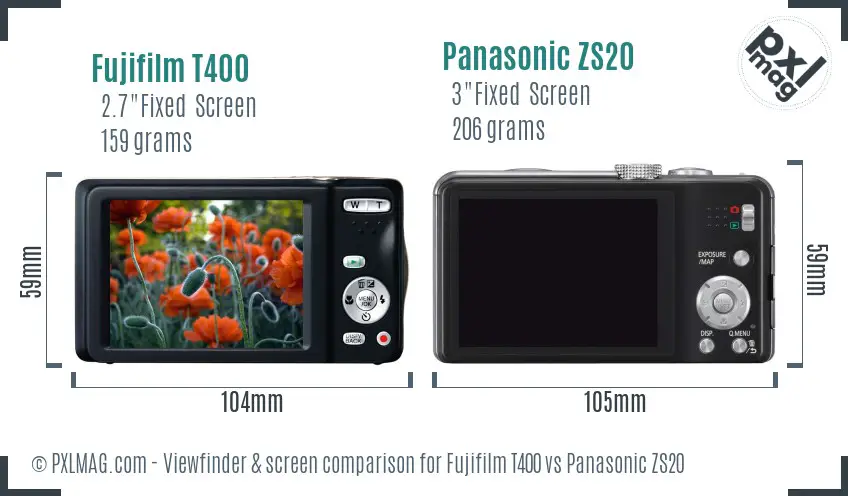 Fujifilm T400 vs Panasonic ZS20 Screen and Viewfinder comparison