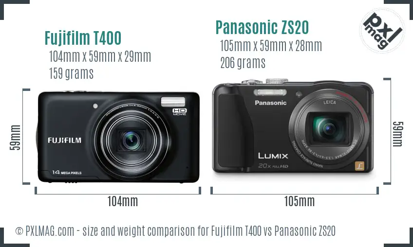 Fujifilm T400 vs Panasonic ZS20 size comparison