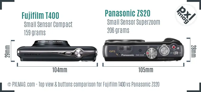 Fujifilm T400 vs Panasonic ZS20 top view buttons comparison