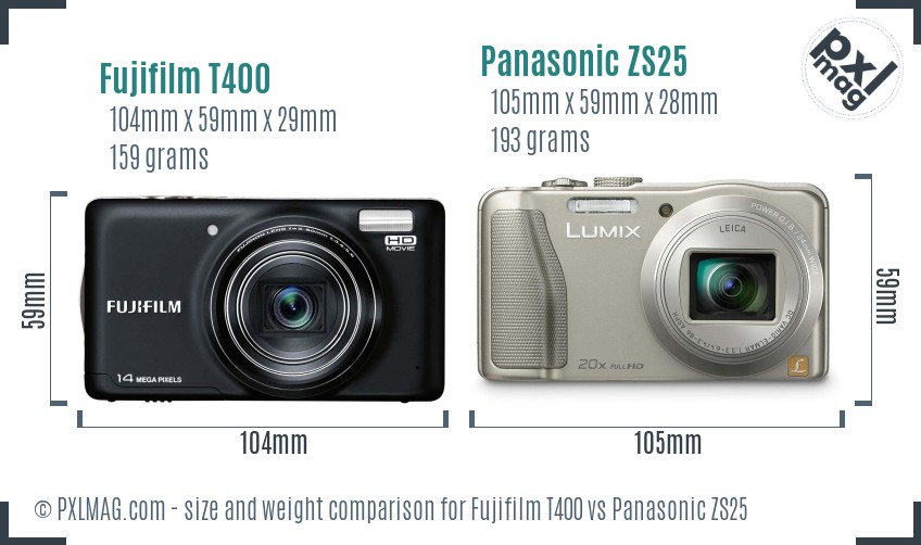 Fujifilm T400 vs Panasonic ZS25 size comparison