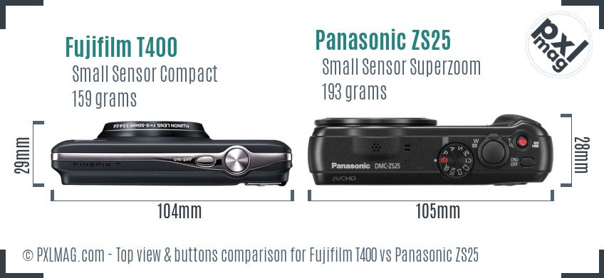 Fujifilm T400 vs Panasonic ZS25 top view buttons comparison