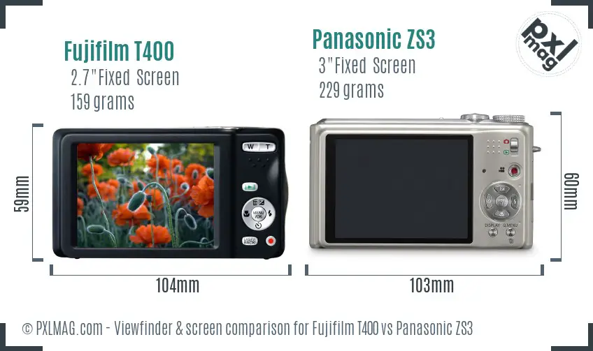 Fujifilm T400 vs Panasonic ZS3 Screen and Viewfinder comparison