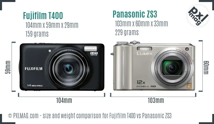 Fujifilm T400 vs Panasonic ZS3 size comparison
