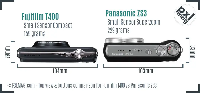 Fujifilm T400 vs Panasonic ZS3 top view buttons comparison
