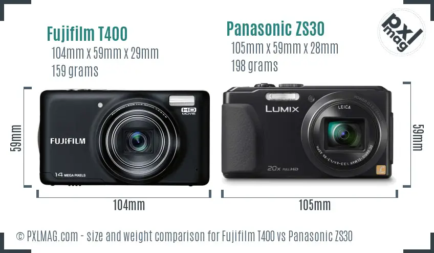 Fujifilm T400 vs Panasonic ZS30 size comparison