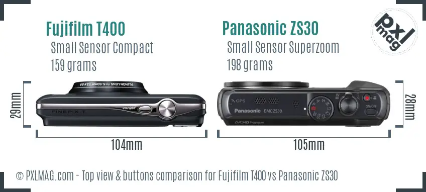 Fujifilm T400 vs Panasonic ZS30 top view buttons comparison