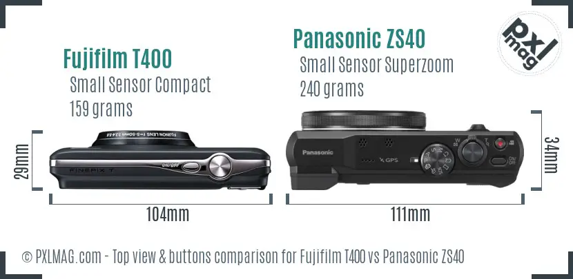 Fujifilm T400 vs Panasonic ZS40 top view buttons comparison Fujifilm T400 vs Panasonic ZS40 top view buttons comparison