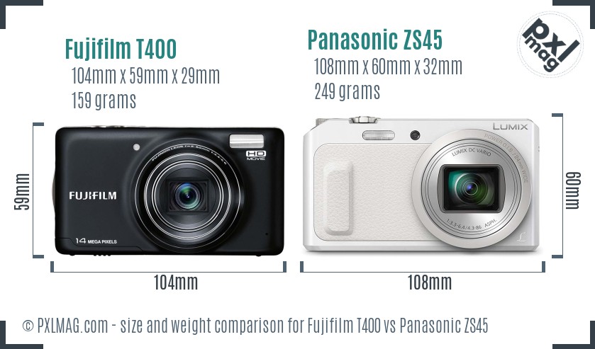 Fujifilm T400 vs Panasonic ZS45 size comparison