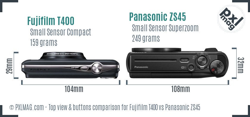 Fujifilm T400 vs Panasonic ZS45 top view buttons comparison