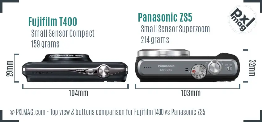 Fujifilm T400 vs Panasonic ZS5 top view buttons comparison Fujifilm T400 vs Panasonic ZS5 top view buttons comparison