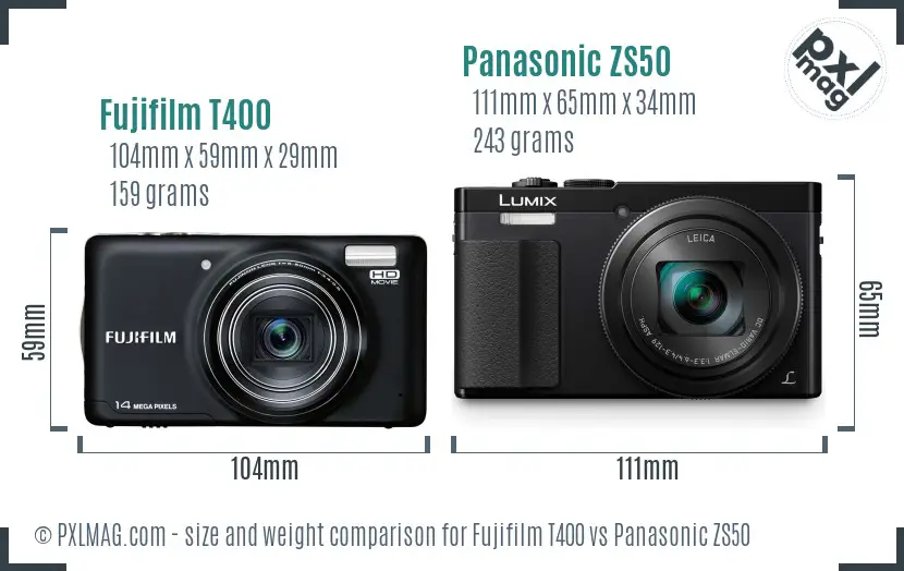 Fujifilm T400 vs Panasonic ZS50 size comparison