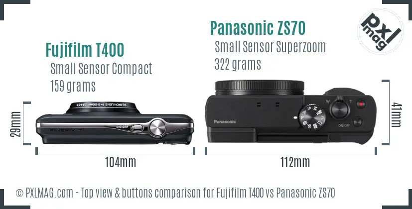 Fujifilm T400 vs Panasonic ZS70 top view buttons comparison