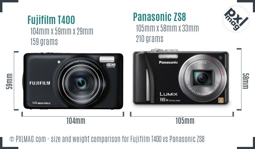 Fujifilm T400 vs Panasonic ZS8 size comparison