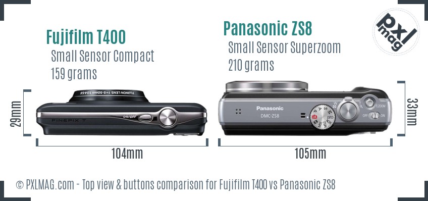 Fujifilm T400 vs Panasonic ZS8 top view buttons comparison
