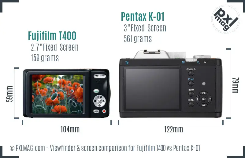 Fujifilm T400 vs Pentax K-01 Screen and Viewfinder comparison