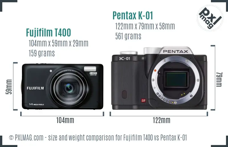 Fujifilm T400 vs Pentax K-01 size comparison