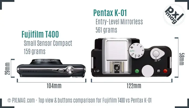 Fujifilm T400 vs Pentax K-01 top view buttons comparison