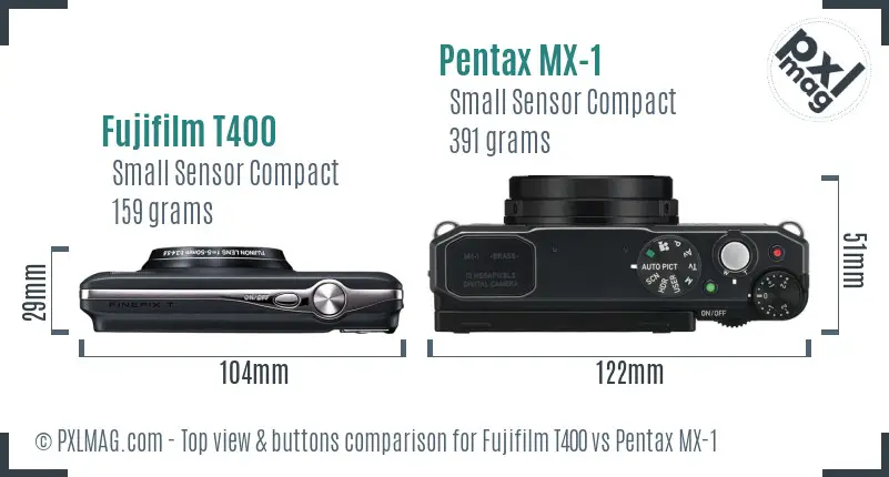 Fujifilm T400 vs Pentax MX-1 top view buttons comparison