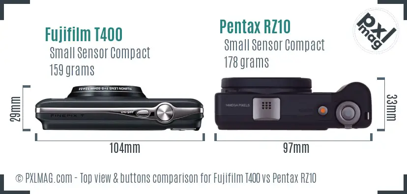 Fujifilm T400 vs Pentax RZ10 top view buttons comparison Fujifilm T400 vs Pentax RZ10 top view buttons comparison