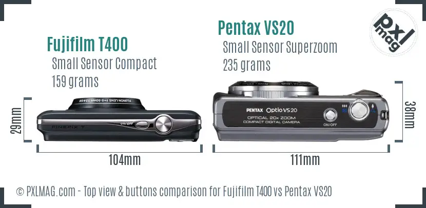 Fujifilm T400 vs Pentax VS20 top view buttons comparison