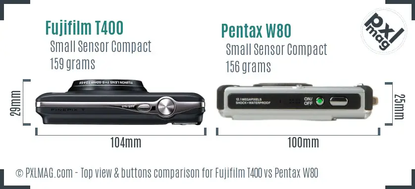 Fujifilm T400 vs Pentax W80 top view buttons comparison