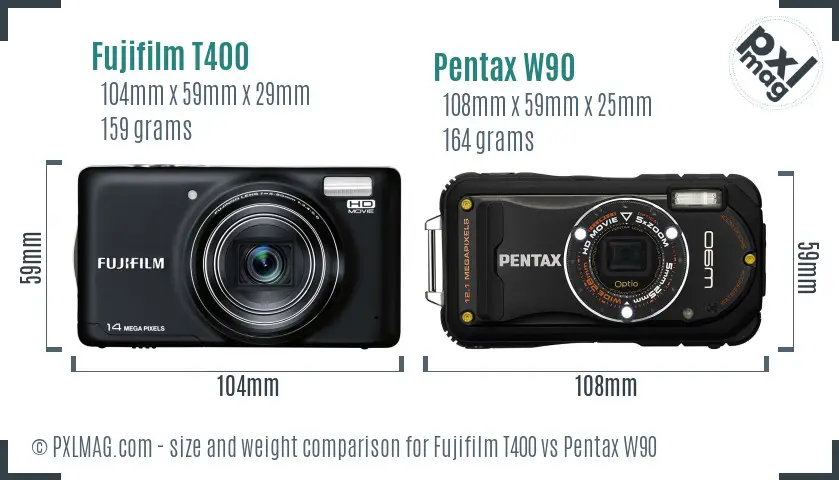 Fujifilm T400 vs Pentax W90 size comparison