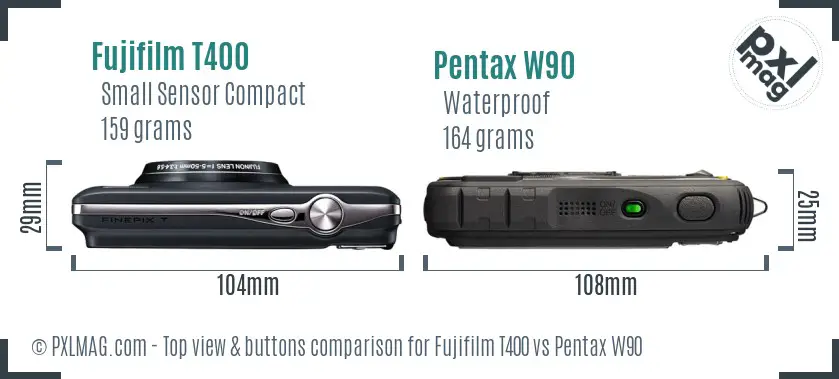 Fujifilm T400 vs Pentax W90 top view buttons comparison