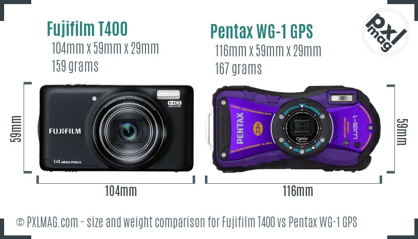 Fujifilm T400 vs Pentax WG-1 GPS size comparison