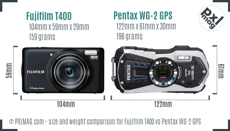 Fujifilm T400 vs Pentax WG-2 GPS size comparison