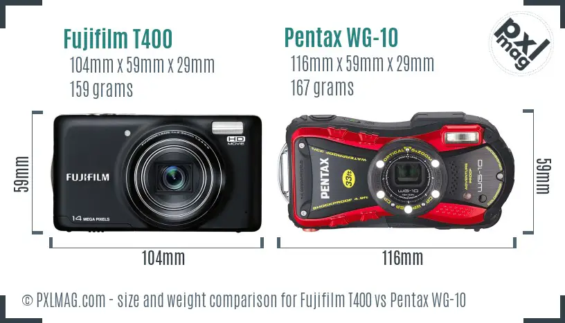 Fujifilm T400 vs Pentax WG-10 size comparison
