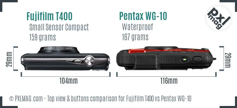 Fujifilm T400 vs Pentax WG-10 top view buttons comparison