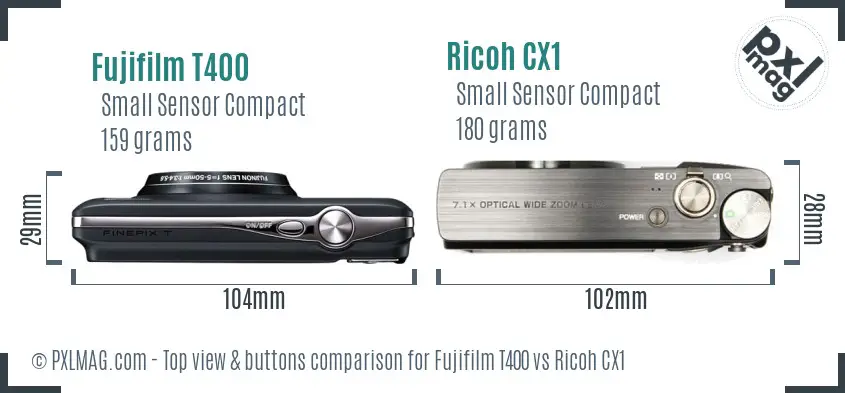 Fujifilm T400 vs Ricoh CX1 top view buttons comparison