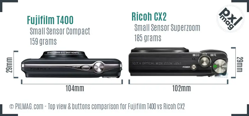 Fujifilm T400 vs Ricoh CX2 top view buttons comparison