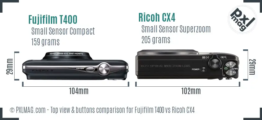 Fujifilm T400 vs Ricoh CX4 top view buttons comparison Fujifilm T400 vs Ricoh CX4 top view buttons comparison