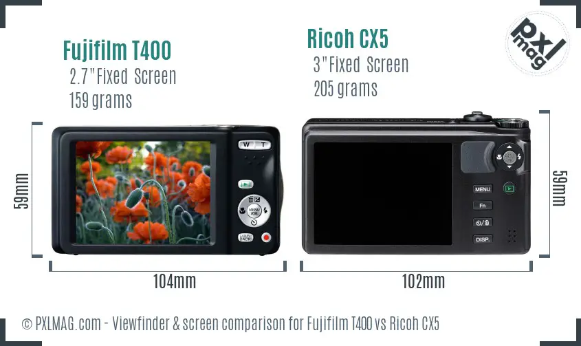 Fujifilm T400 vs Ricoh CX5 Screen and Viewfinder comparison