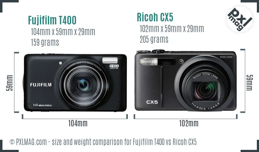 Fujifilm T400 vs Ricoh CX5 size comparison