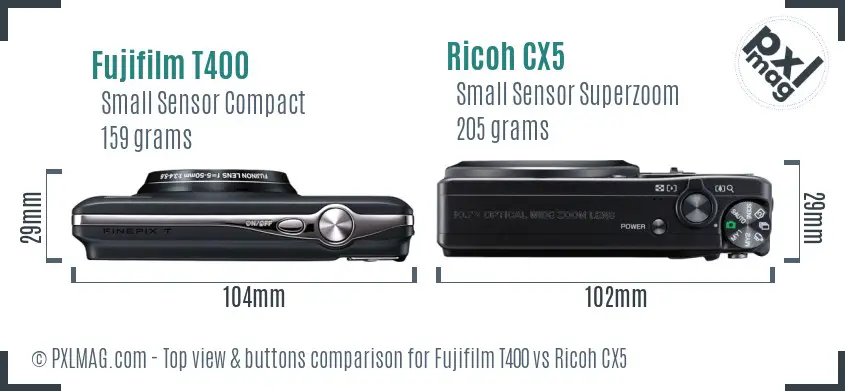 Fujifilm T400 vs Ricoh CX5 top view buttons comparison