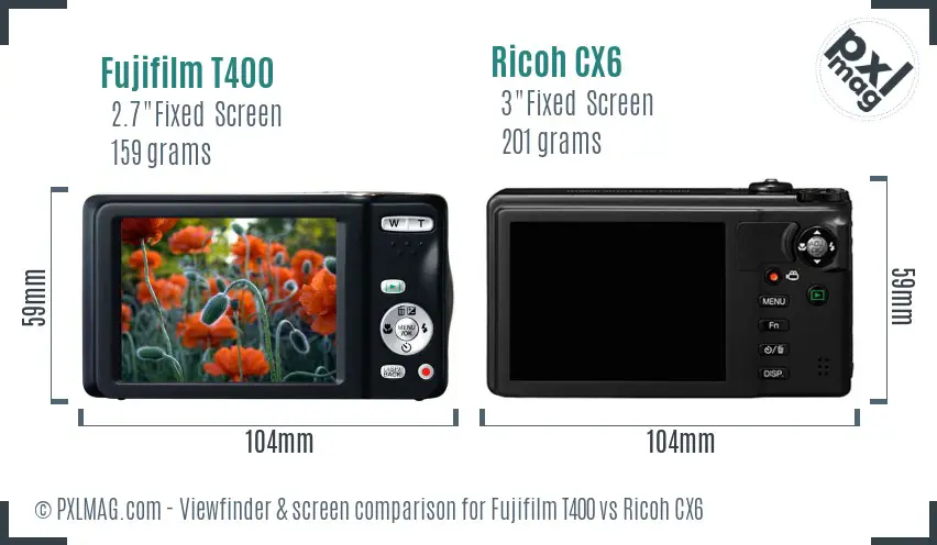 Fujifilm T400 vs Ricoh CX6 Screen and Viewfinder comparison