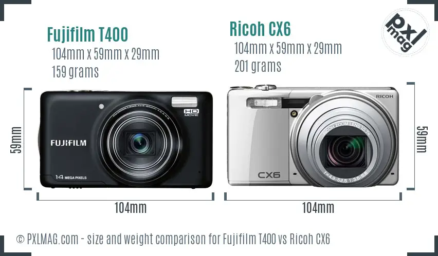 Fujifilm T400 vs Ricoh CX6 size comparison