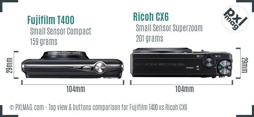 Fujifilm T400 vs Ricoh CX6 top view buttons comparison