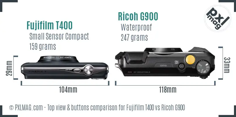 Fujifilm T400 vs Ricoh G900 top view buttons comparison