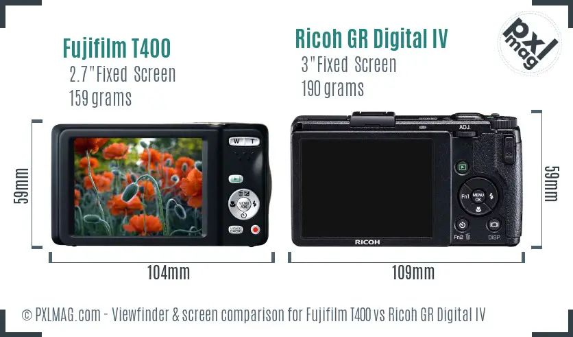Fujifilm T400 vs Ricoh GR Digital IV Screen and Viewfinder comparison