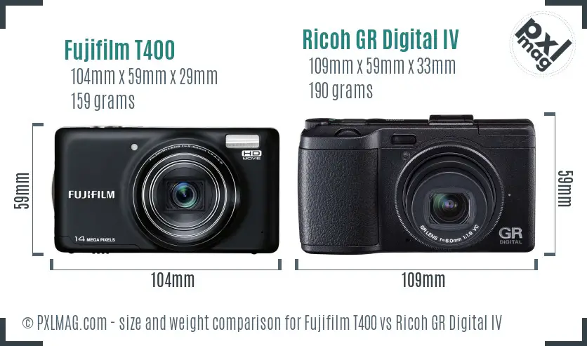 Fujifilm T400 vs Ricoh GR Digital IV size comparison