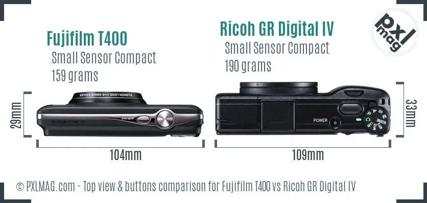 Fujifilm T400 vs Ricoh GR Digital IV top view buttons comparison