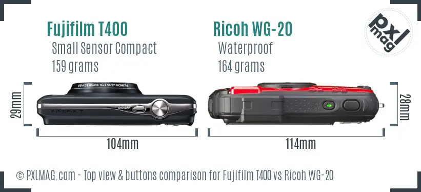 Fujifilm T400 vs Ricoh WG-20 top view buttons comparison