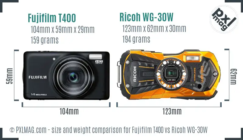 Fujifilm T400 vs Ricoh WG-30W size comparison