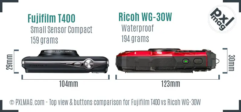 Fujifilm T400 vs Ricoh WG-30W top view buttons comparison