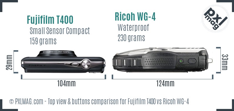 Fujifilm T400 vs Ricoh WG-4 top view buttons comparison